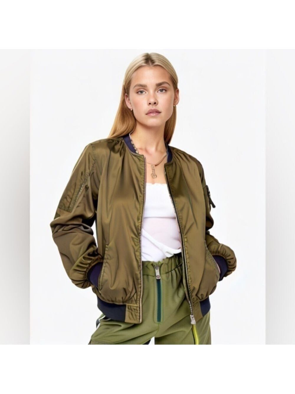 ALYX Satin Olive Green Lined Full Zip Pockets Military Bomber Jacket - Picture 2 of 13